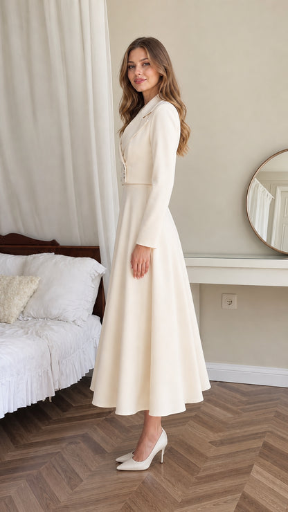 Side profile view of model in cream tailored fit-and-flare blazer dress