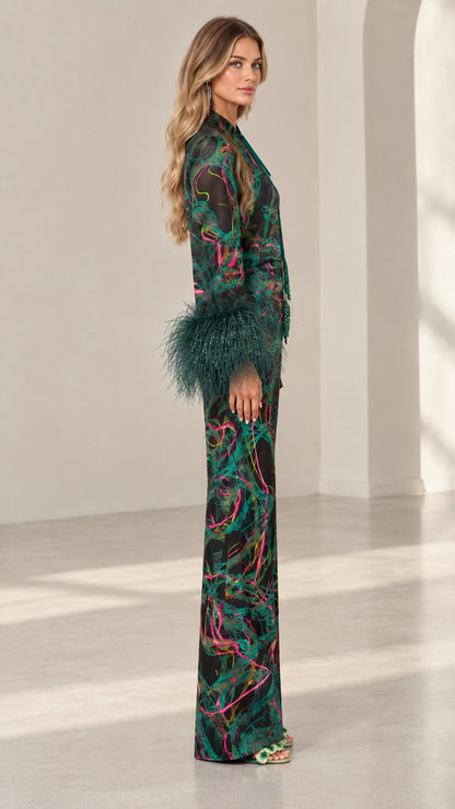 Side full-length view of Emerald Black printed satin two-piece outfit with wide-leg pants