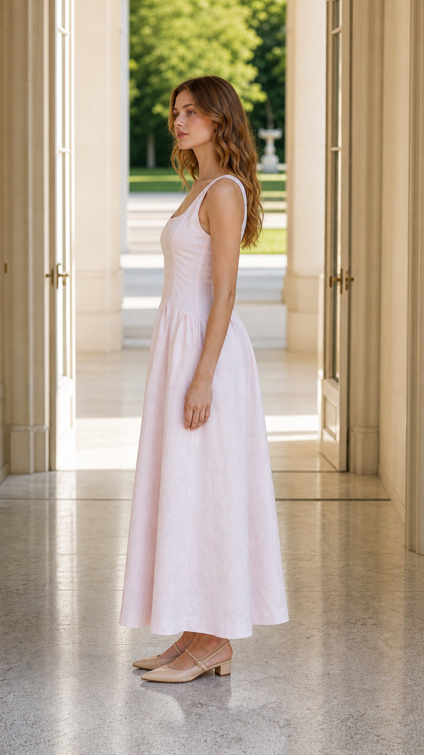 Side profile of model in pink lace up midi dress