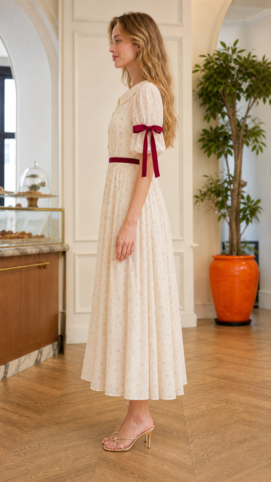 Side profile of Cream floral midi dress showing puff sleeve and ribbon bow