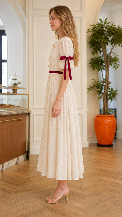 Side profile of Cream floral midi dress showing puff sleeve and ribbon bow