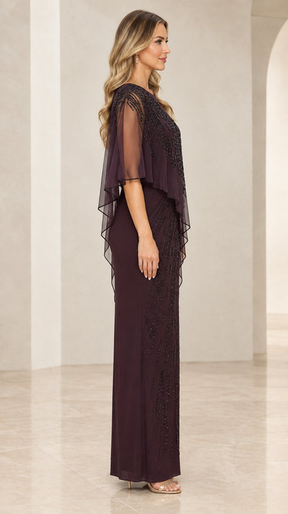 Side angle of model wearing Plum beaded formal gown with sheer cape