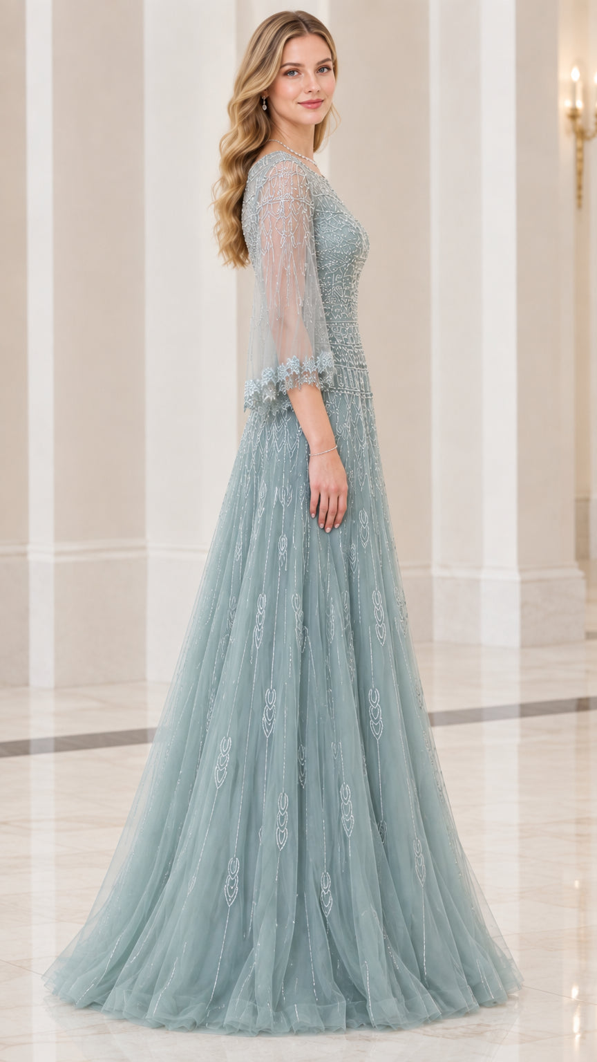 Side profile view of dusty blue floor-length beaded evening dress