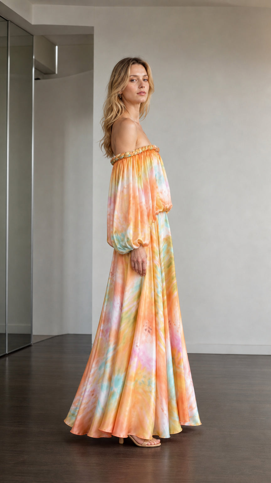 Side profile of model in orange multi tie-dye maxi dress