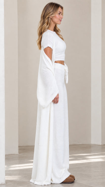 White 3-piece fuzzy lounge set side view showing cropped top and duster