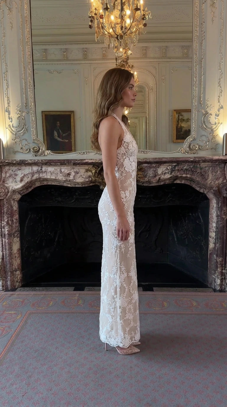 Ivory floral lace halter evening gown side profile view