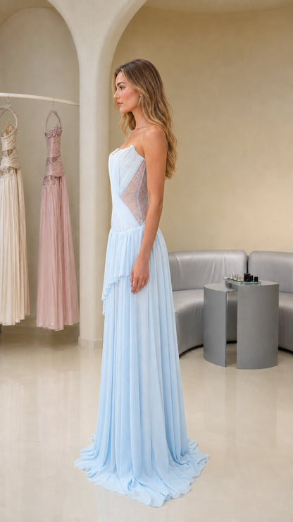 Side profile view of light blue evening gown