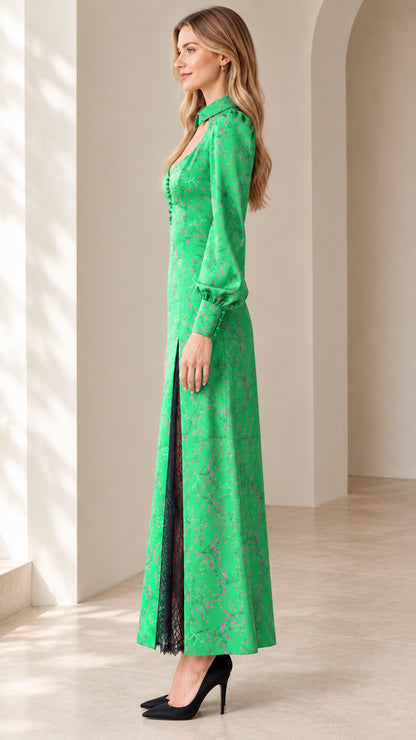 Side profile view of Emerald Green long sleeve floral maxi dress