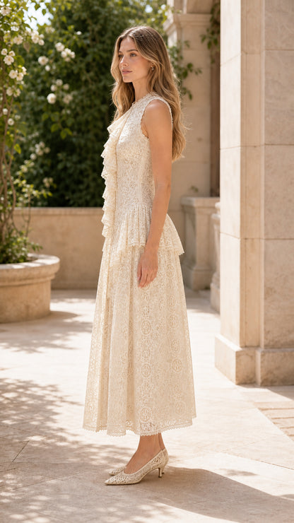 Side profile of model wearing cream lace maxi dress