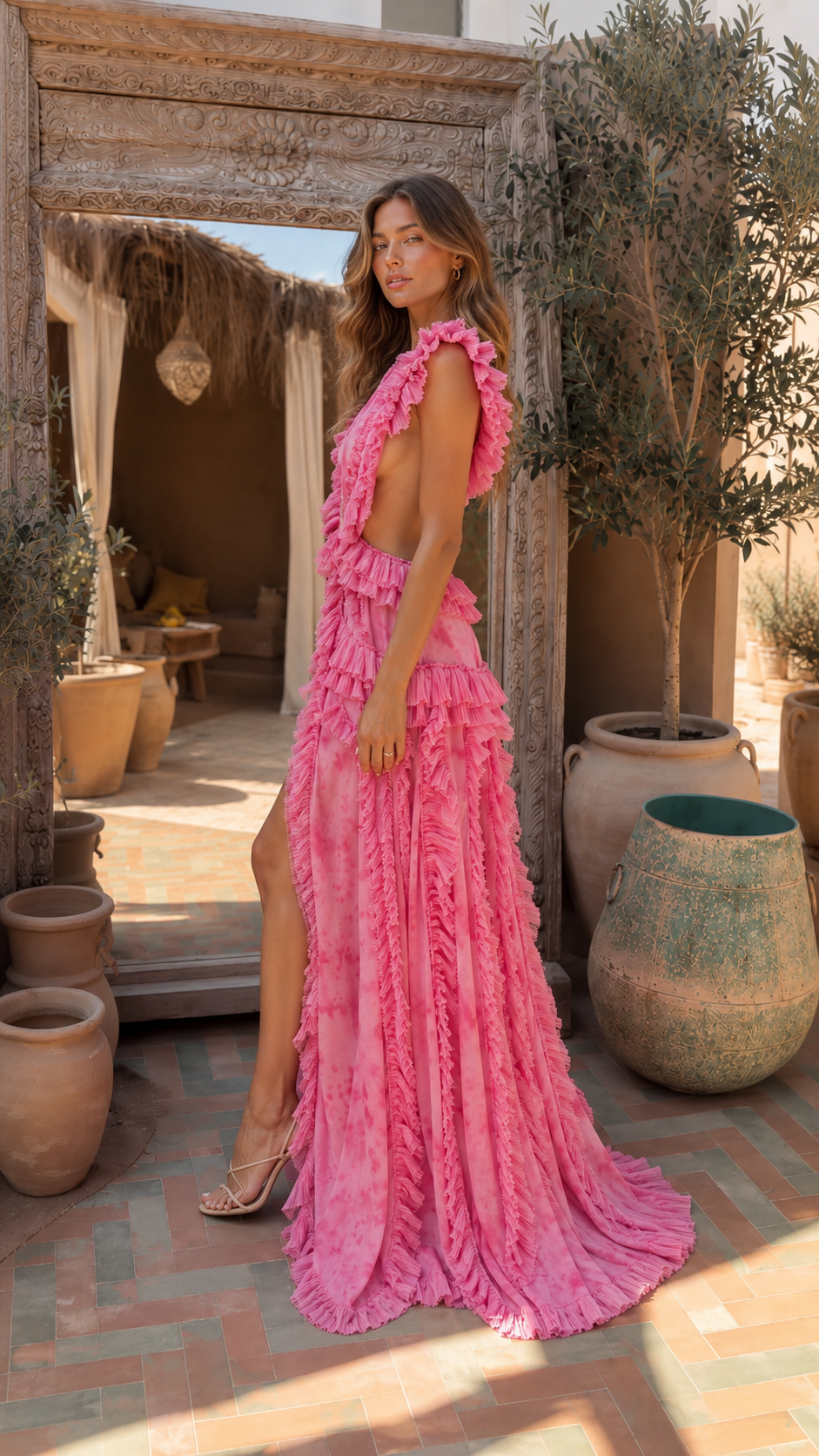 Side view of hot pink sleeveless ruffle maxi gown with plunging neckline and flowing skirt