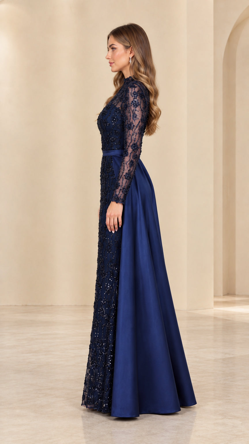 Side profile view of Navy Blue high neck formal dress with flowing back train