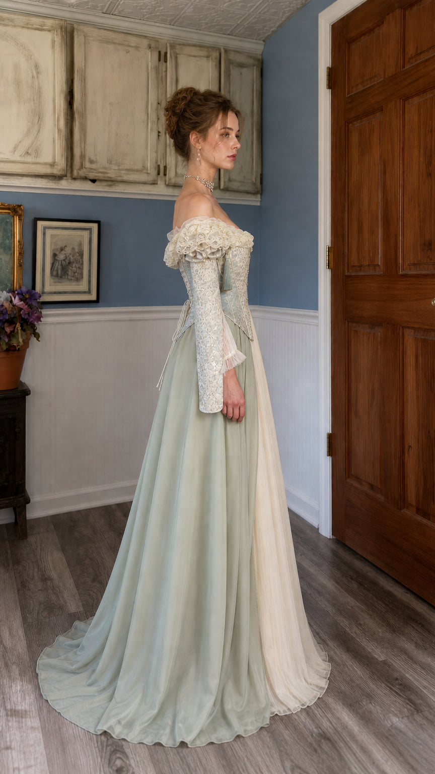 Side profile view of sage green medieval gown with flowing skirt