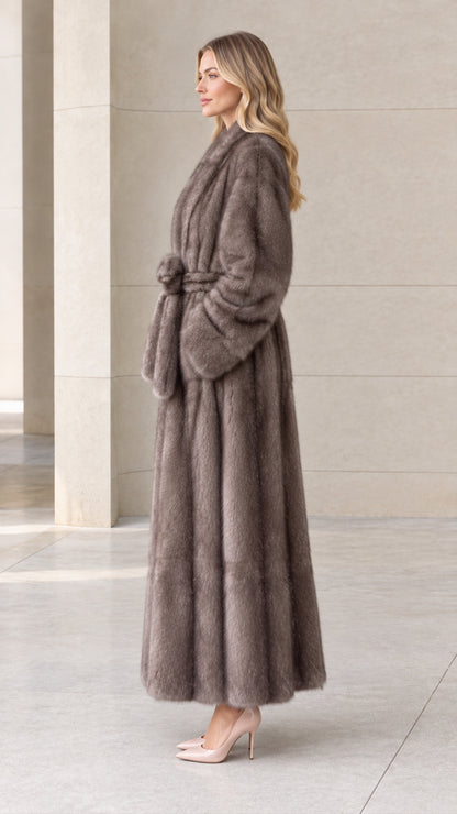 Side profile of woman in full-length taupe faux fur coat