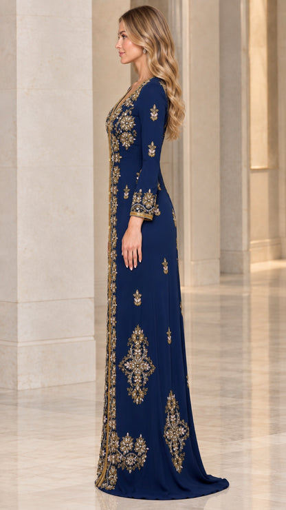 Navy Blue long sleeve embroidered kaftan gown side view