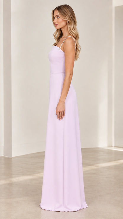 Lilac maxi bridesmaid dress with rhinestone straps side profile