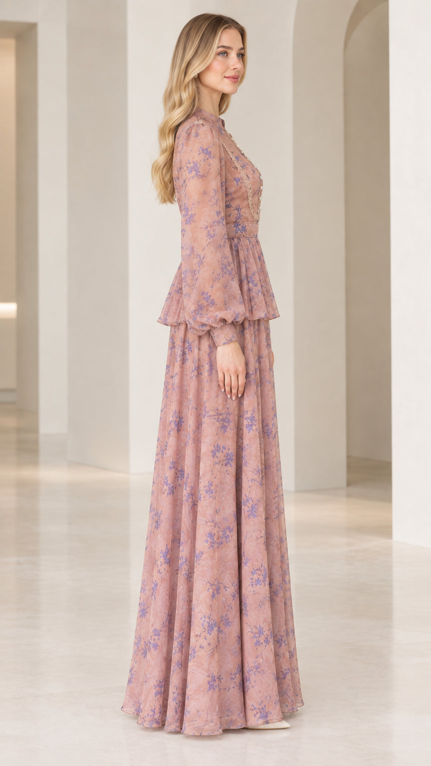 Side view of dusty rose floral long sleeve peplum evening dress