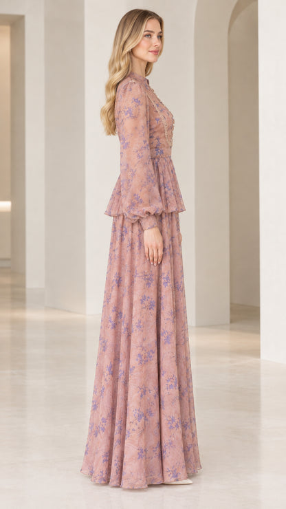 Side view of dusty rose floral long sleeve peplum evening dress