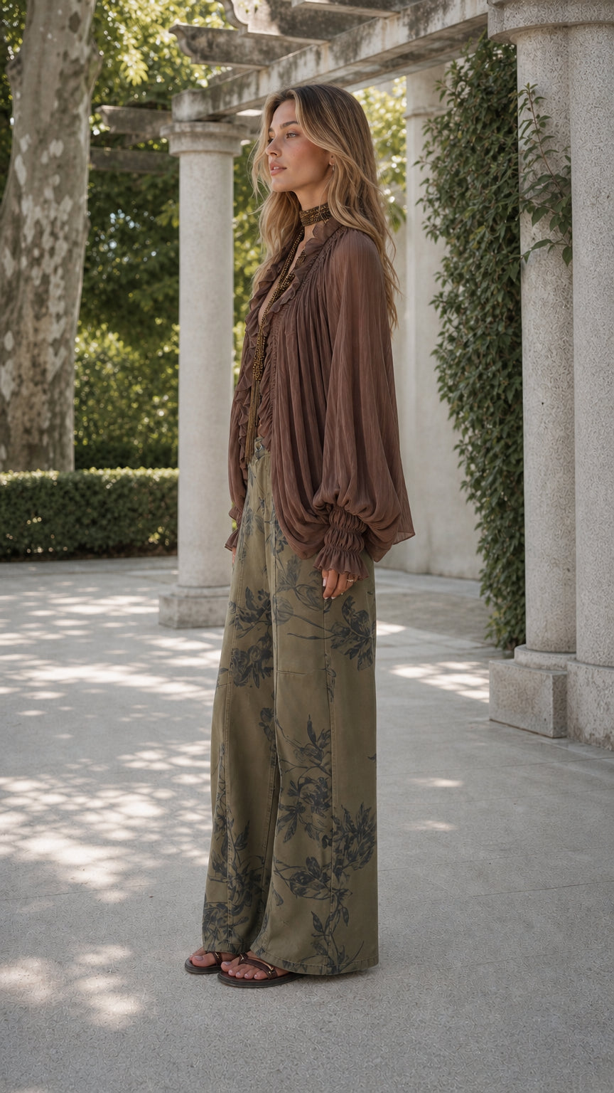 Model side profile in boho balloon sleeve blouse and olive floral wide-leg pants
