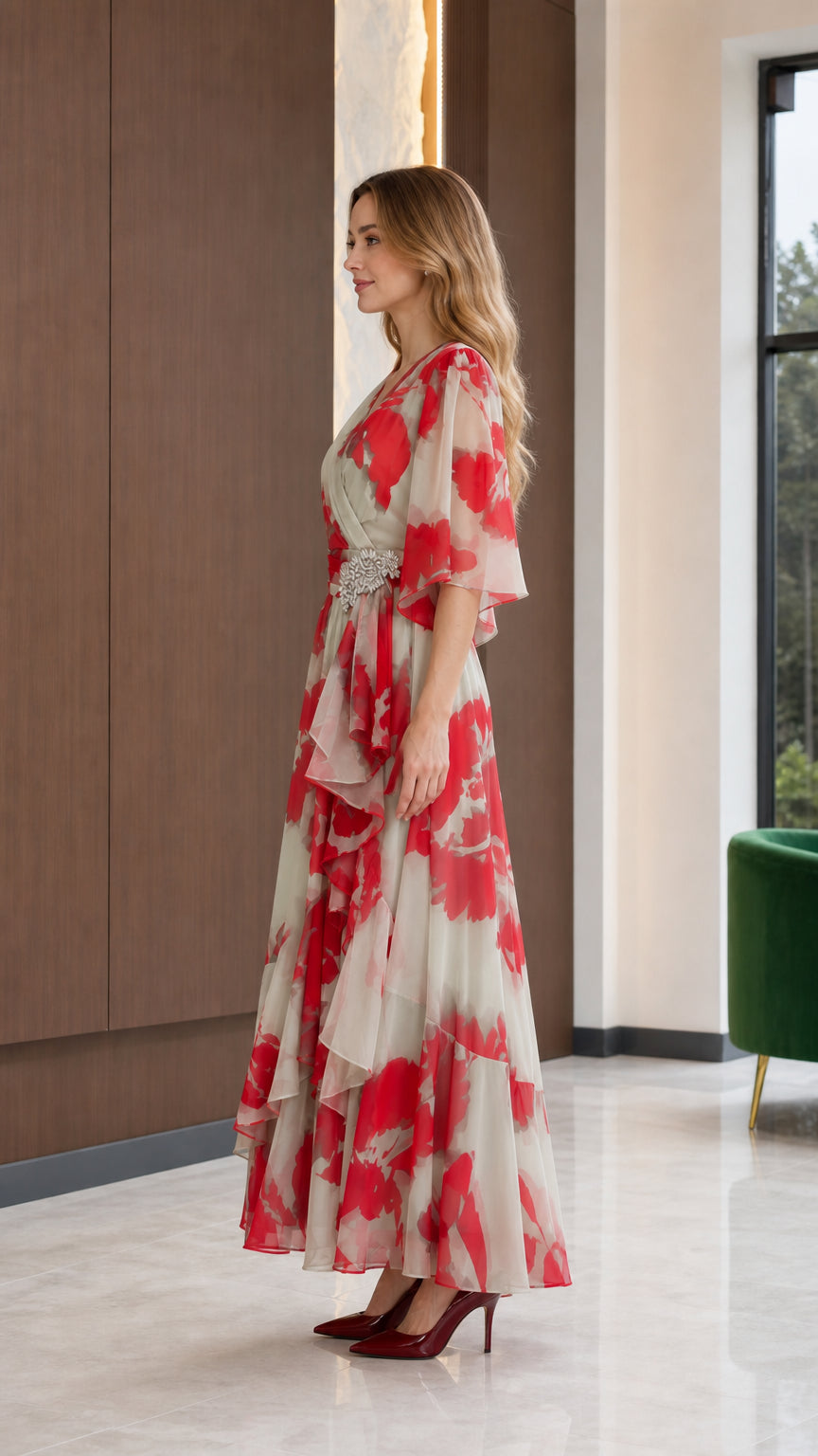 Side full-length view of Ivory floral maxi dress showcasing ruffled tiered drape