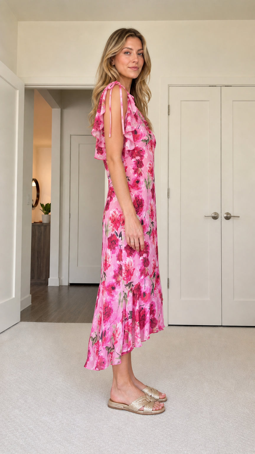 Side profile of model in pink floral midi dress