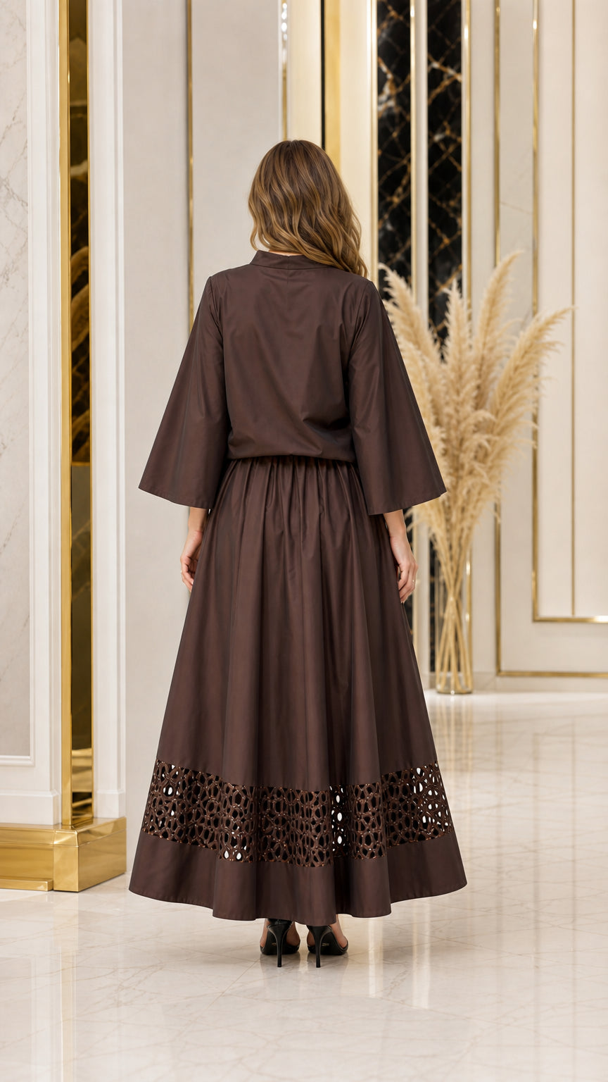 Back view of chocolate brown modest maxi two-piece outfit