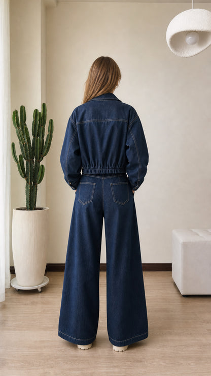 Back view of model showing the back cut and pockets of dark blue denim pants set