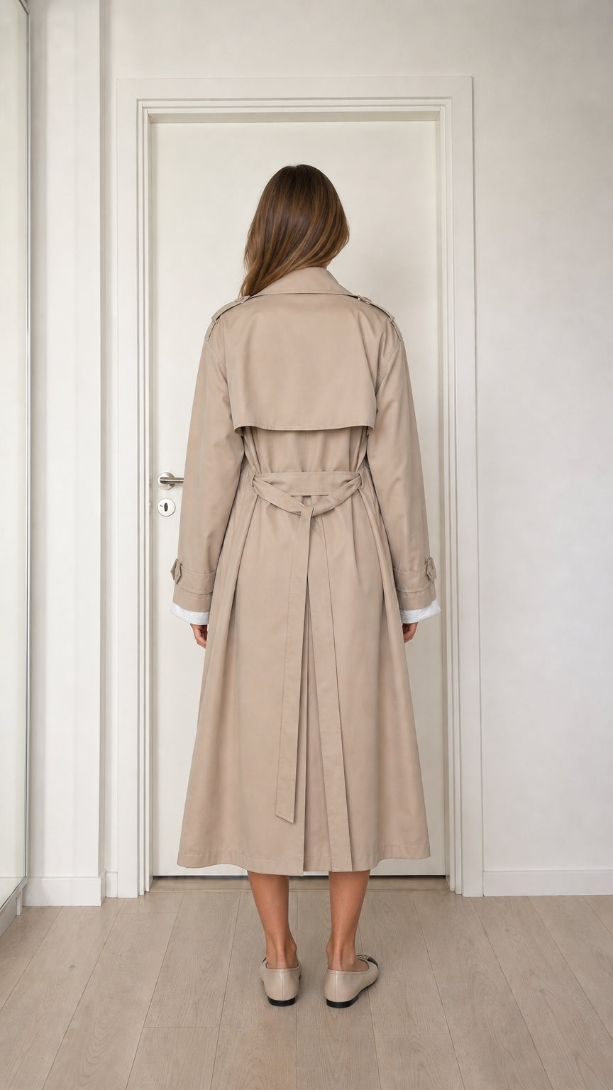 Back view of model showing beige trench coat with back storm flap and waist belt
