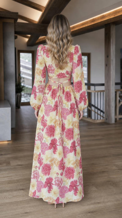 Back view of yellow floral print maxi dress showing back ties