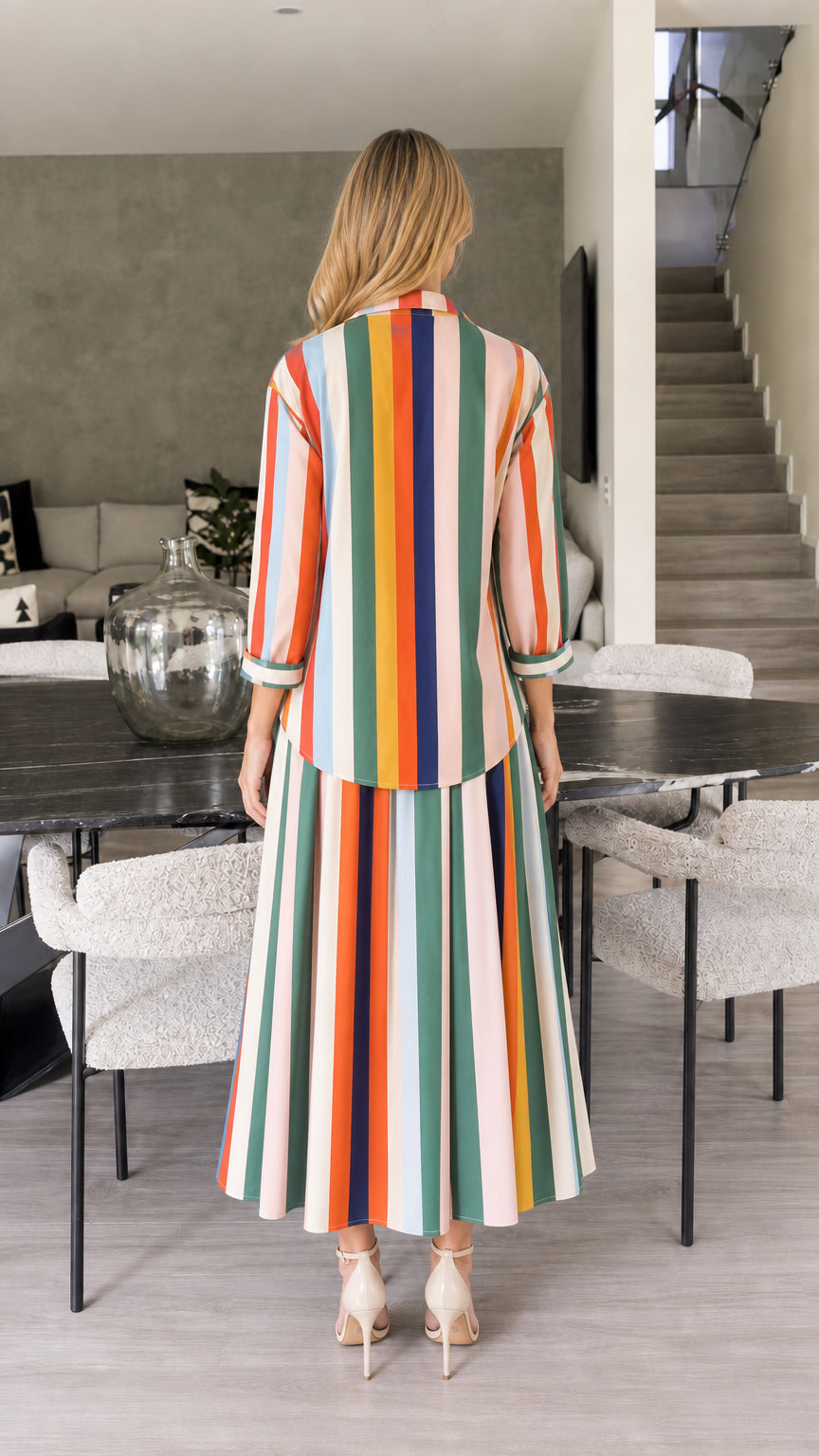 Back view of multi-colored striped shirt and skirt set