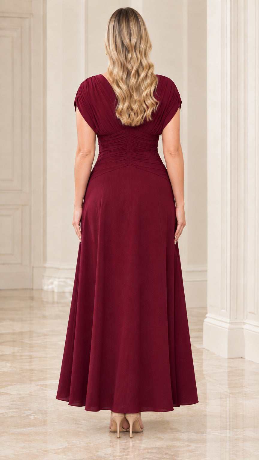 Back view of burgundy cap sleeve pleated evening gown