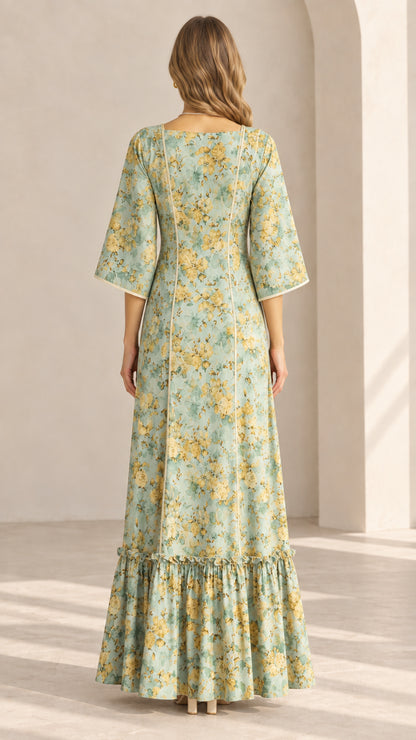 Back view of Sage Green floral square neck maxi dress with piped seams