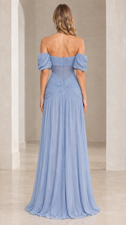 Back view of woman showing the Dusty Blue off-the-shoulder corset evening gown
