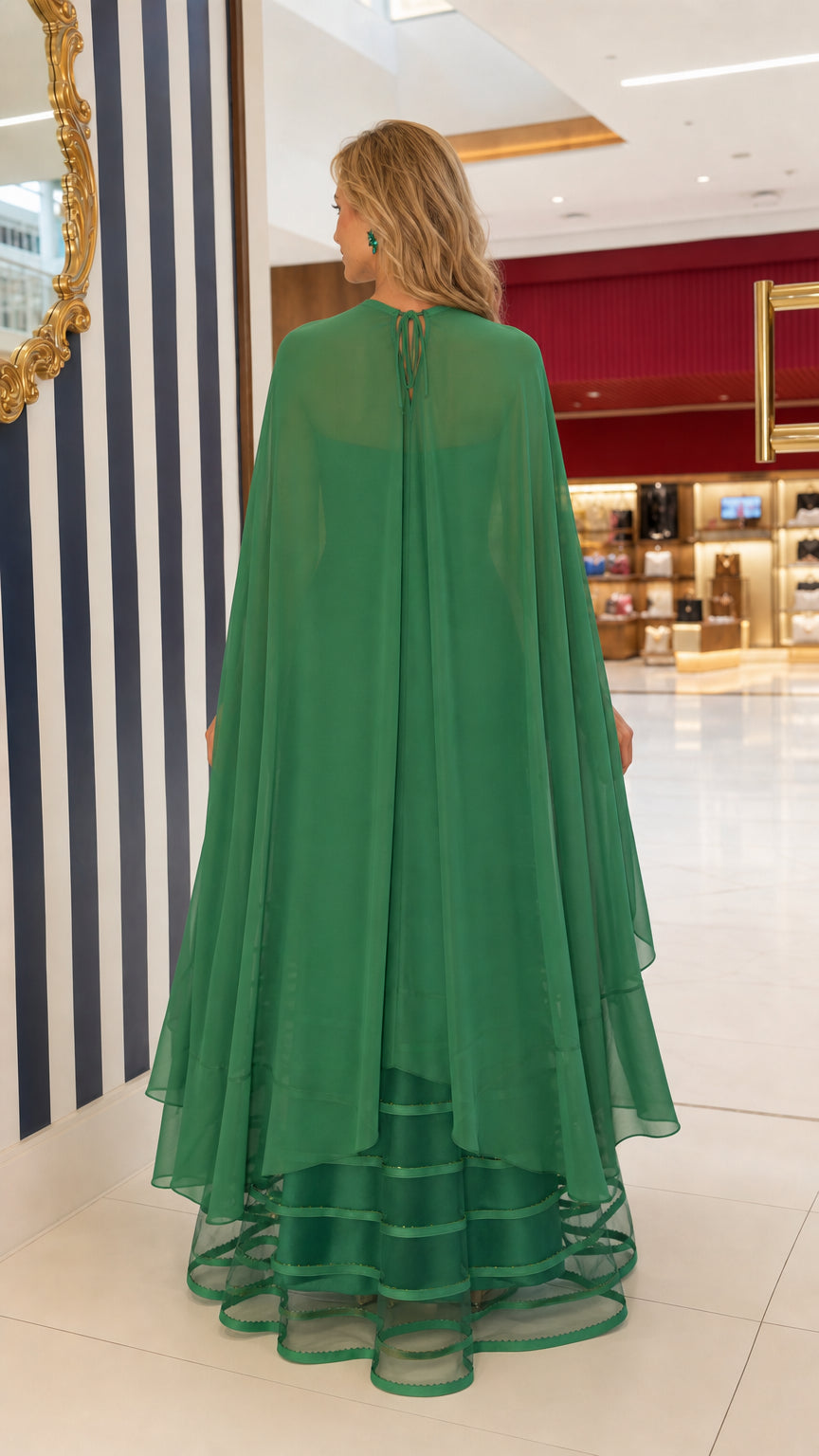 Back view of floor-length Emerald Green sheer cape gown