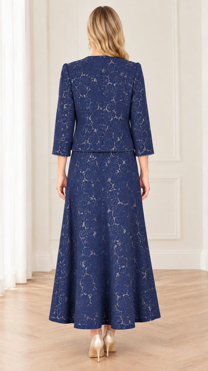 Back view of navy blue floral lace maxi dress and matching bolero jacket