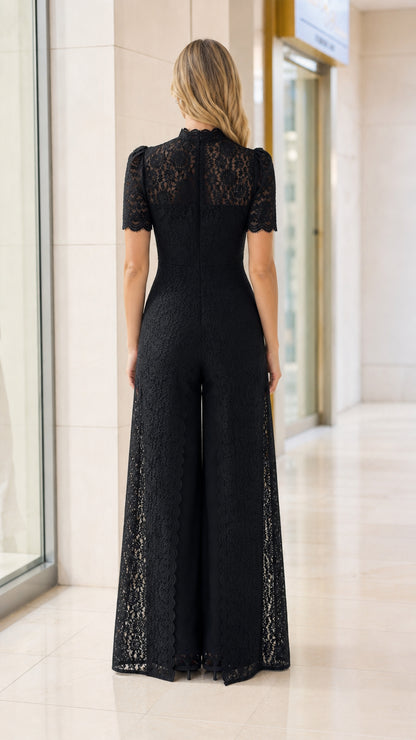Back view of tailored black lace tunic and wide-leg trousers