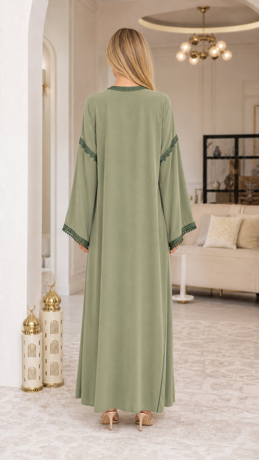 Back view of model wearing Sage Green full-length modest dress