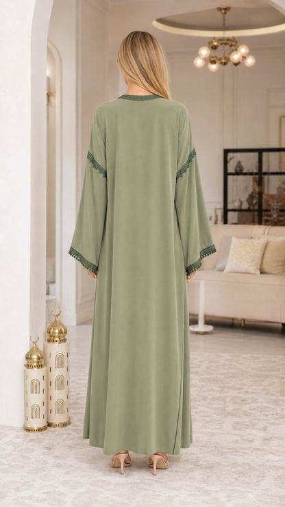 Back view of model wearing Sage Green full-length modest dress