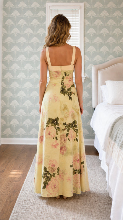 Back view of yellow floral maxi dress