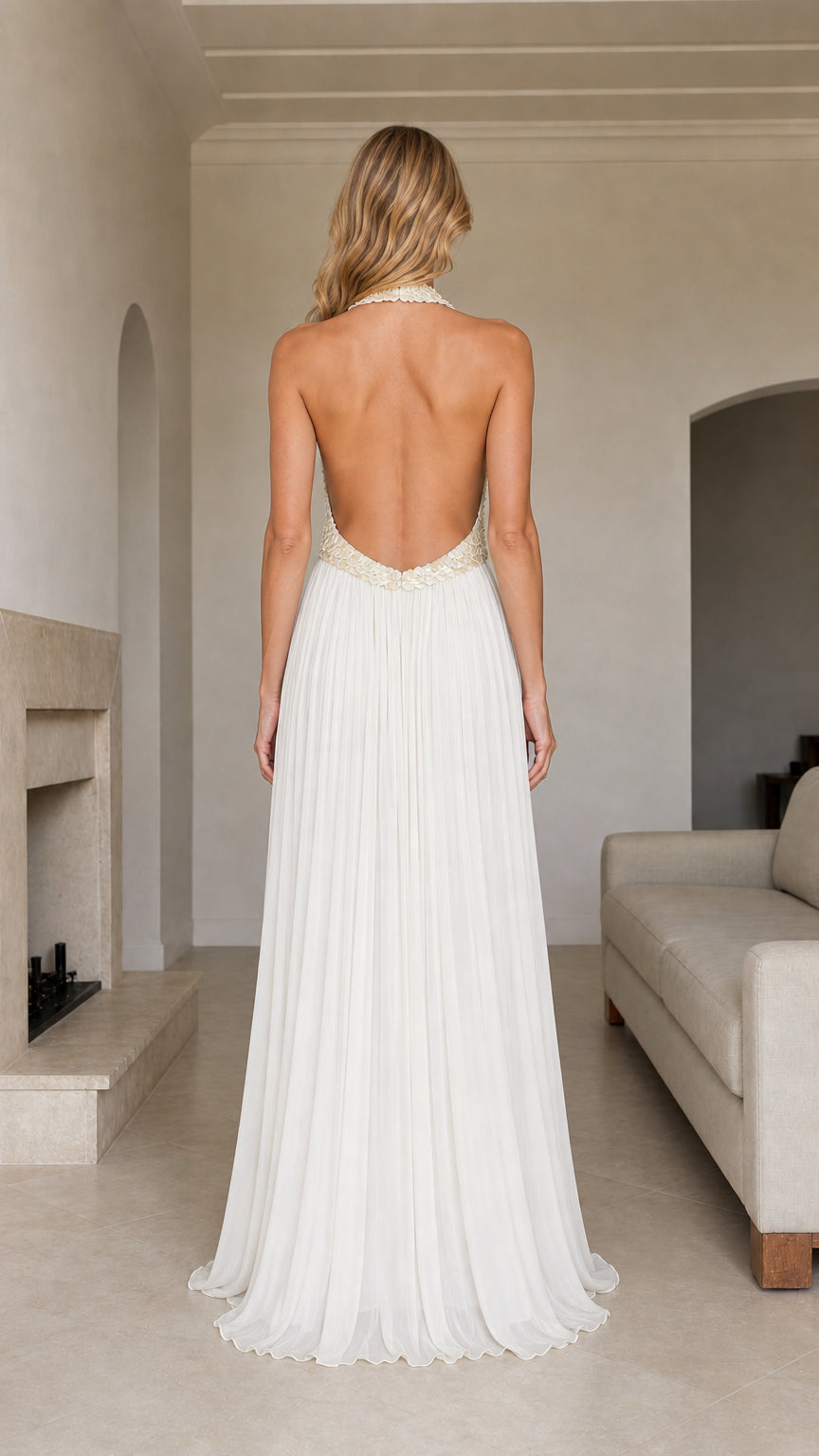 Back view of White Sequin Halter Pleated Maxi Dress showcasing open back