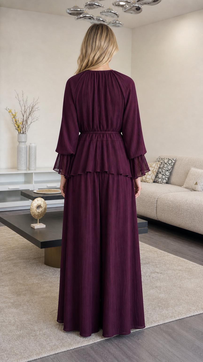Back view of woman wearing Plum tiered peplum wide leg lounge set