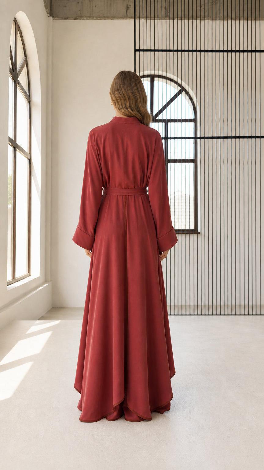 Back view of rust red long sleeve maxi dress with sweeping hem