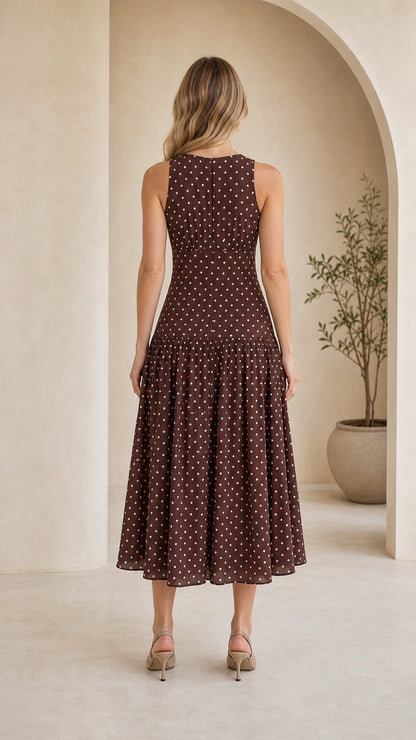 Back view of model wearing brown polka dot midi dress