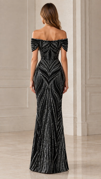 Back view of model in elegant black off-shoulder sequined mermaid gown