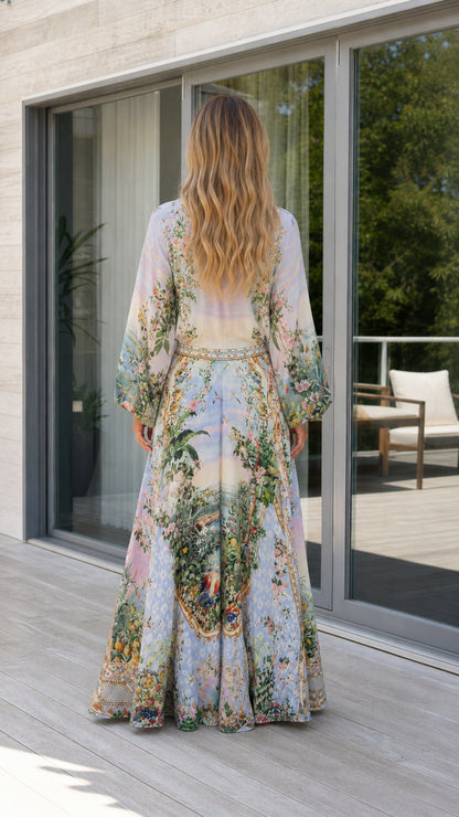 Back view of model in light blue scenic print maxi skirt set