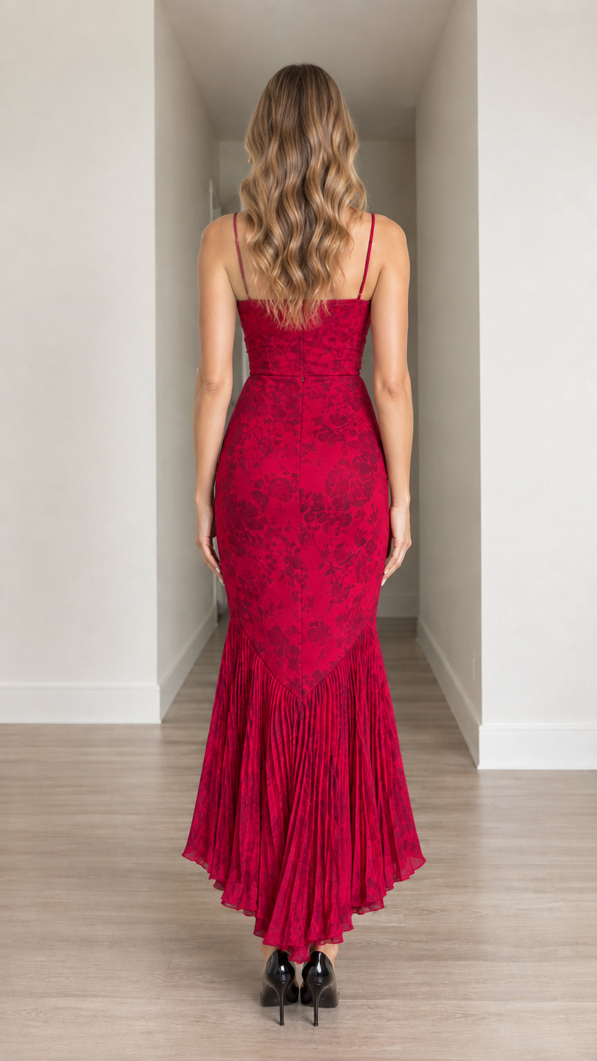 Back view of model wearing Red Floral Jacquard Pleated Mermaid Hem Midi Dress