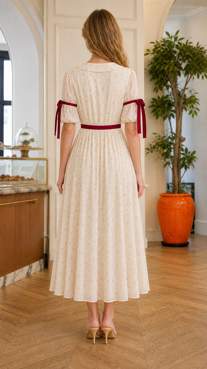 Back view of Cream floral Peter Pan collar midi dress