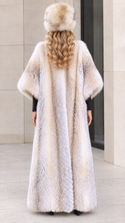 Back view of full-length silver grey faux fur overcoat