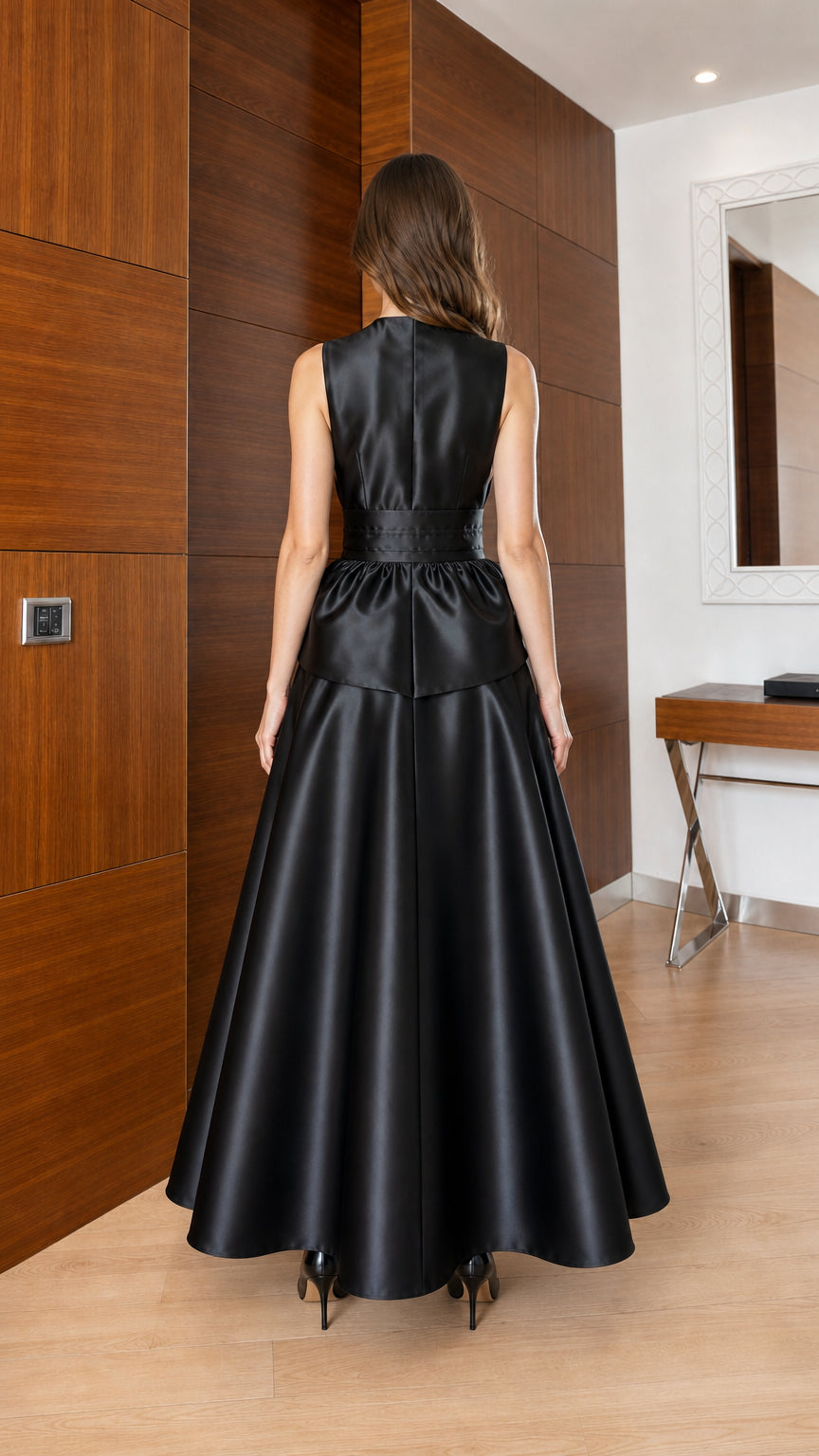Back view of black satin evening dress