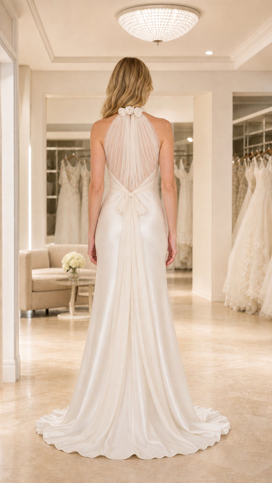 Back view of Ivory halter gown showing sheer pleated drape with floral neck detail