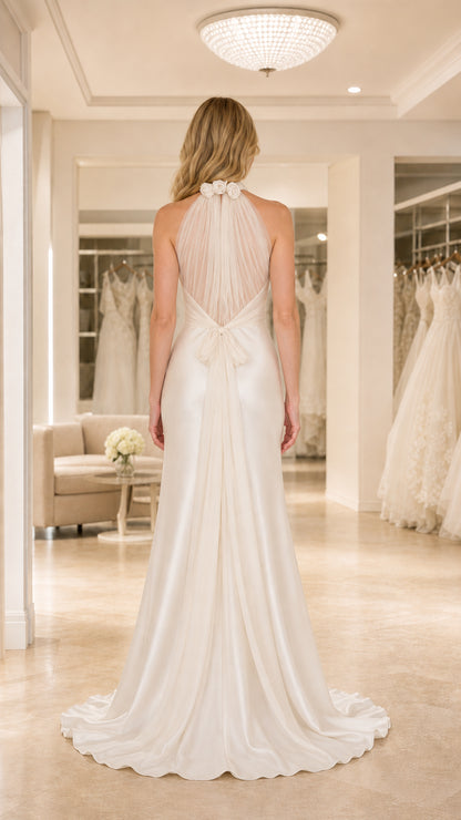 Back view of Ivory halter gown showing sheer pleated drape with floral neck detail
